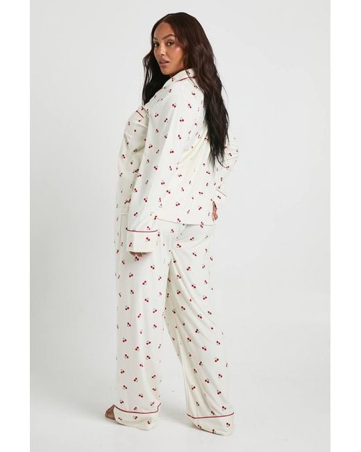 Boohoo White Plus Matching Family Cherry Print Baby Fleece Long Sleeve Shirt & Pants Pyjama Set