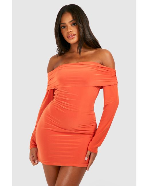 Boohoo Orange Bardot Cut Out Back Slinky Mini Dress