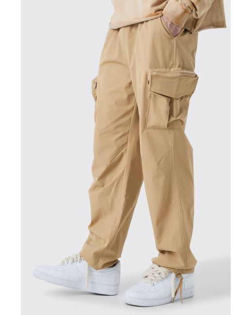 BoohooMAN Technical Stretch Straight Fit Cargo Trousers in Natural für Herren