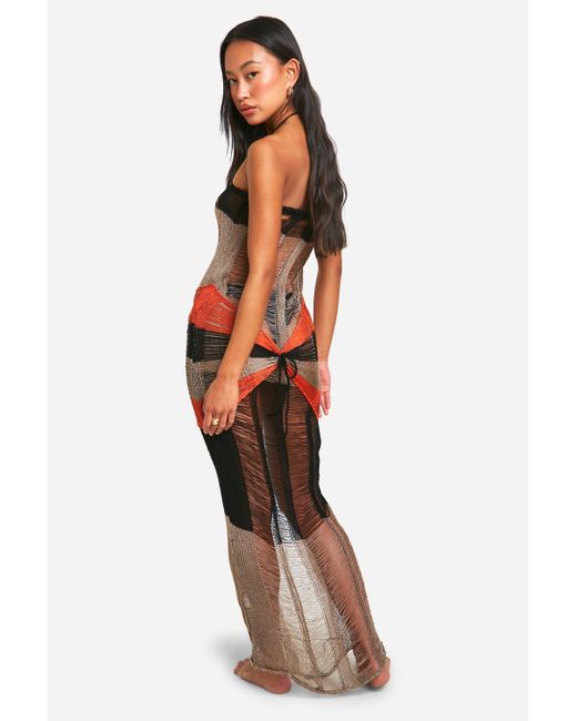 Boohoo Red Ladder Knit Colour Block Beach Maxi Dress