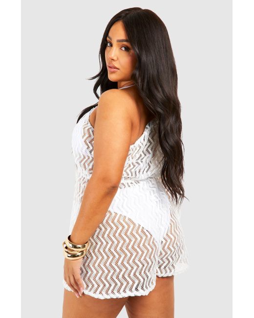 Boohoo White Plus Jersey Knitted One Shoulder Beach Romper