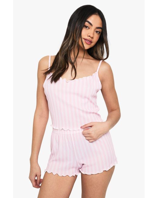 Boohoo White Stripe Rib Lettuce Hem Cami & Shorts Pyjama Set