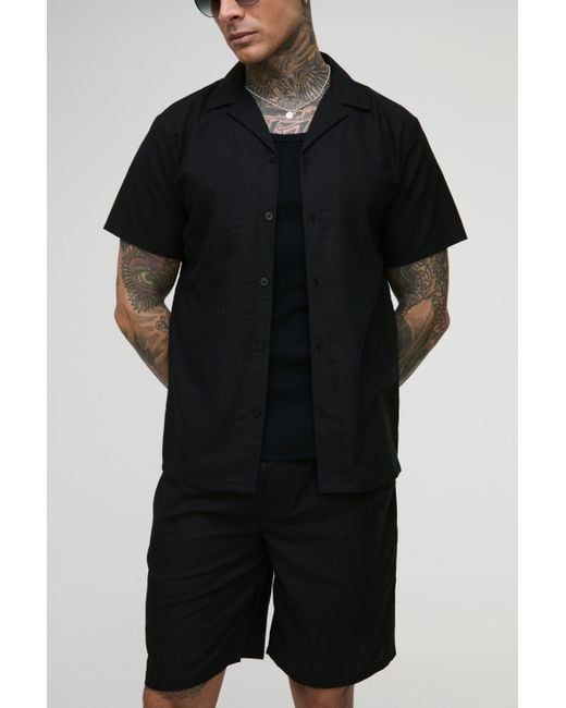 Conjunto Tall De Pantalón Corto Y Camisa De Lino Regular Boohoo de color Black