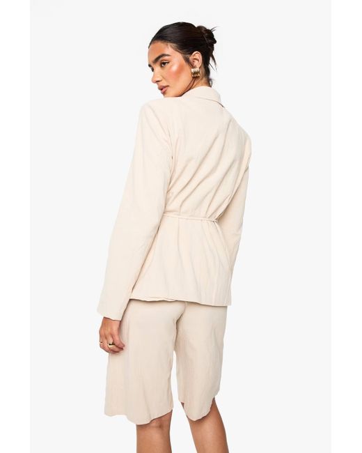 Boohoo Natural Linen Wrap Over Beaded Tie Detail Blazer
