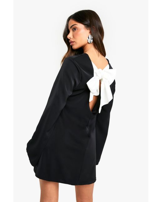 Boohoo Black Petite Bow Detail Open Back Mini Dress