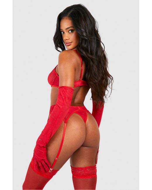 Boohoo Red Sparkle Lingerie And Suspender Set With Gloves