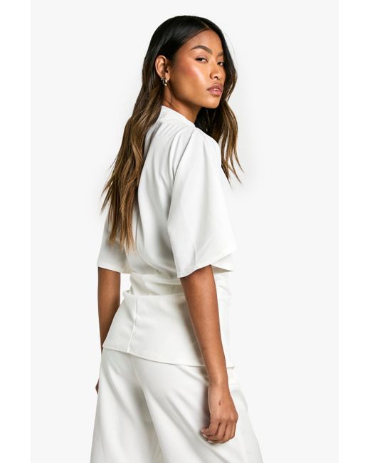 Boohoo Jersey Crepe High Neck Flared Sleeve Blouse in White | Lyst Canada