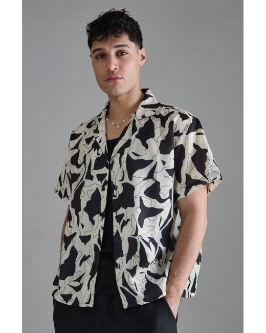 BoohooMAN Gray Short Sleeve Boxy Slub Floral Shirt for men