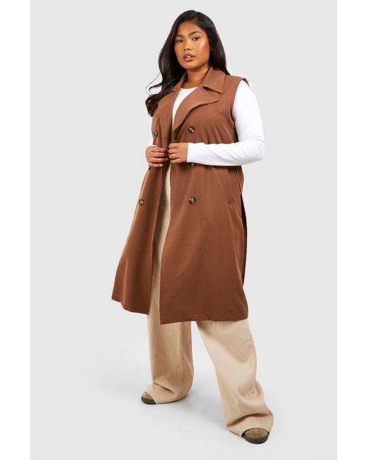 Boohoo Brown Plus Woven Sleeveless Longline Belted Trench