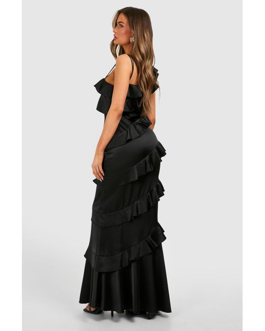 Boohoo Black Satin Ruffle Asymmetric Maxi Dress
