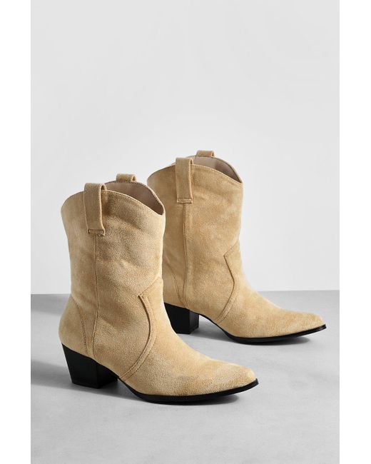 Boohoo Natural Wide Fit Basic Tab Detail Western Cowboy Ankle Boots