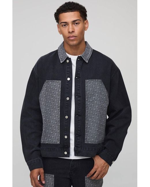 BoohooMAN Oversized Boxy Monogram Carpenter Denim Jacket in Gray für Herren
