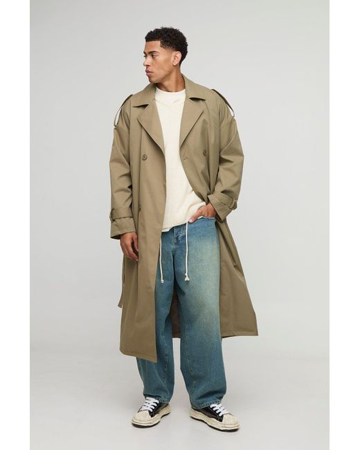 BoohooMAN Men's Green Oversized Twill Double Breasted Trench