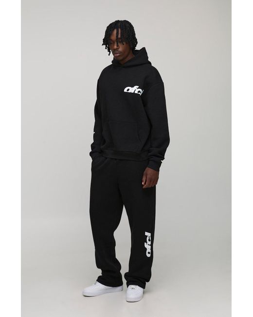 Boohoo Black Tall Oversized Boxy Ofcl Print Hoodie & Baggy Fit Extended Drawcord Jogger Tracksuit