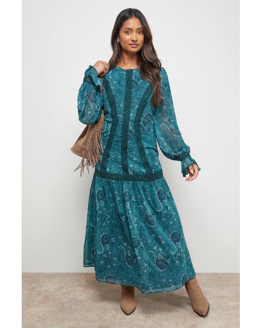 Oasis Blue Lace Detail Balloon Sleeve Drop Hem Midi Dress