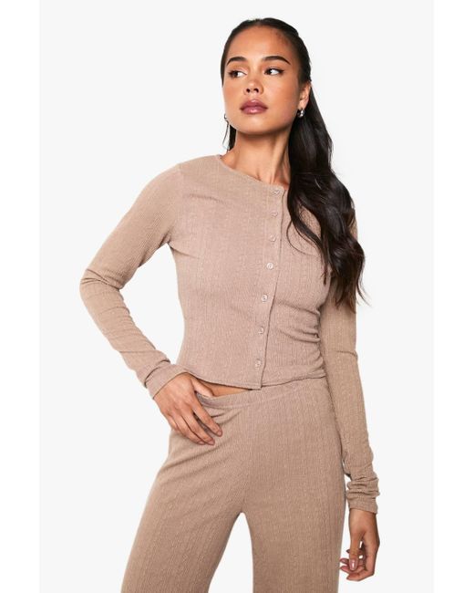 Boohoo Brown Crinkle Button Through Long Sleeve Top