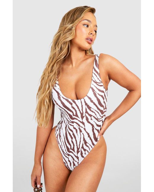 Boohoo White Tiger Scoop Bathing Suit
