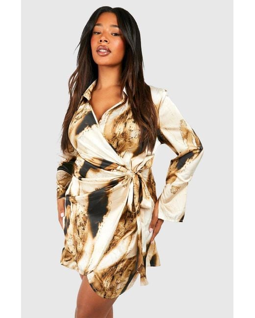 Boohoo Brown Plus Marble Print Wrap Shirt Dress