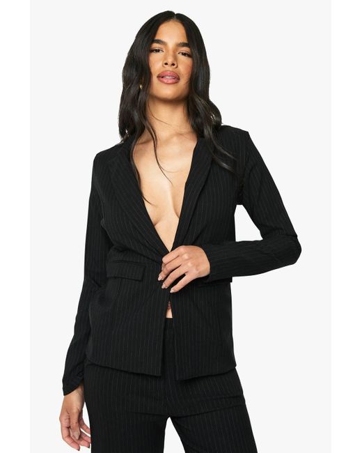 Boohoo Black Pinstripe Bengaline Single Breasted Blazer