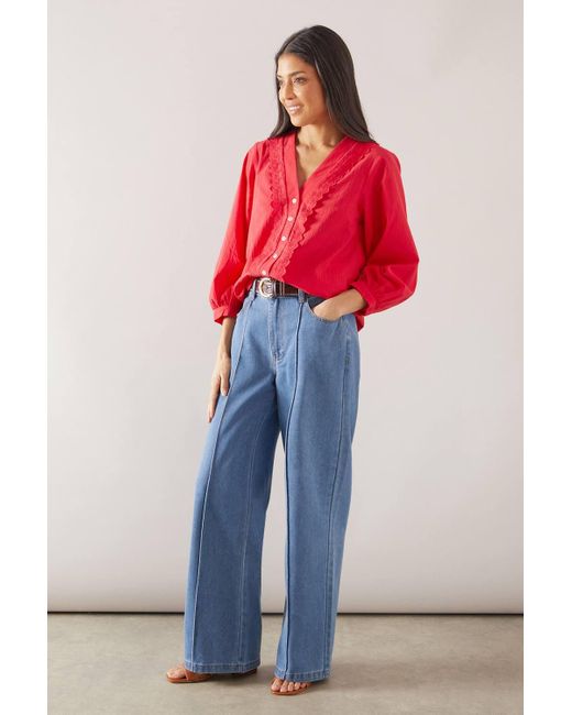Wallis Red Cotton Ruffle Button Through Blouse