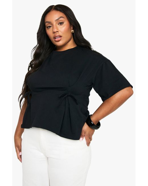 Boohoo Black Plus Cotton Peplum Tie Waist T-Shirt
