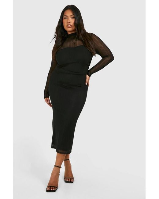 Boohoo Black Plus Rib Mesh Long Sleeve Midi Dress
