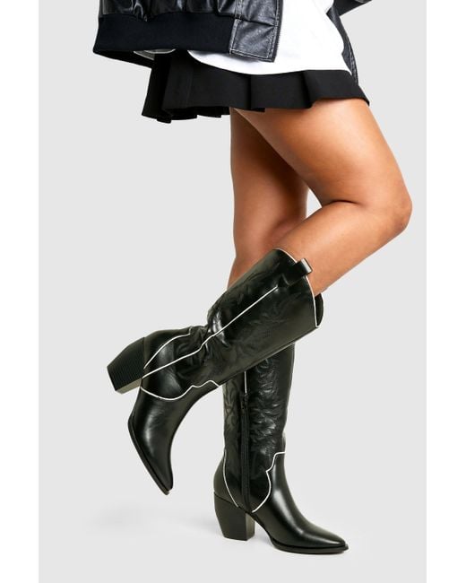 Boohoo Black Wide Fit Embroidered Contrast Detail Western Boots
