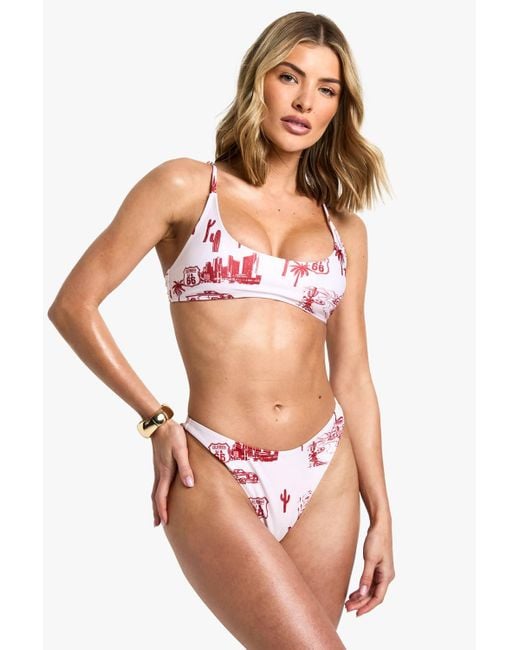 Boohoo Red Motel Print Scoop Neck Bikini Top & High Leg Bikini Bottoms Set