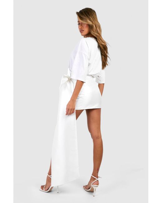 Boohoo White Premium Structured Bow Draped Satin Mini Skirt