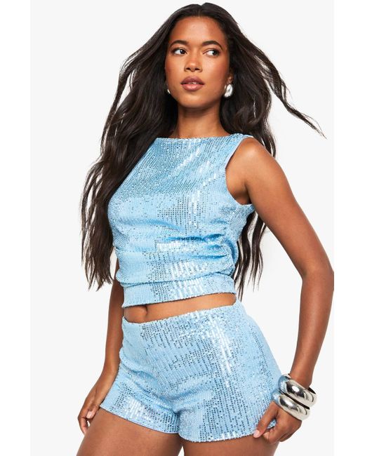 Boohoo Sequin Mini Booty Short in Blue Lyst