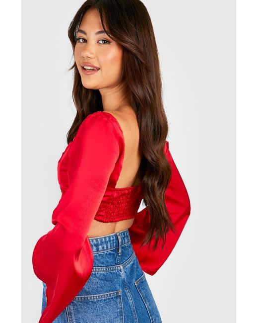 Boohoo Red Cowl Front Square Neck Satin Crop Top