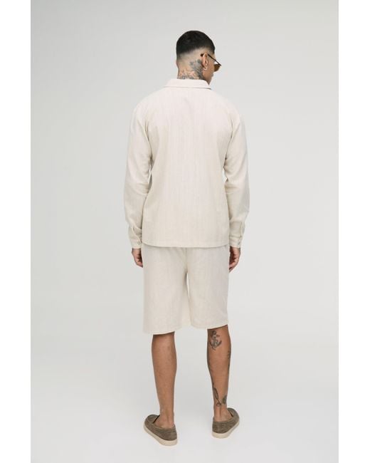 BoohooMAN Tall langärmliges Oversize Leinen-Hemd in Natural für Herren
