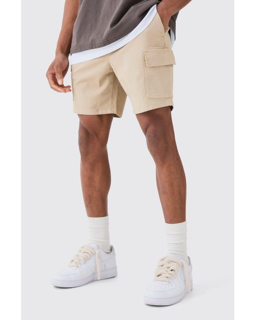 BoohooMAN White Slim Fit Elasticated Waist Cargo Shorts for men