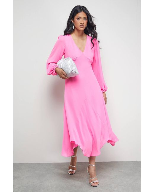 Warehouse Pink Tony Chiffon Plunge Neck Asymmetric Hem Midi Dress