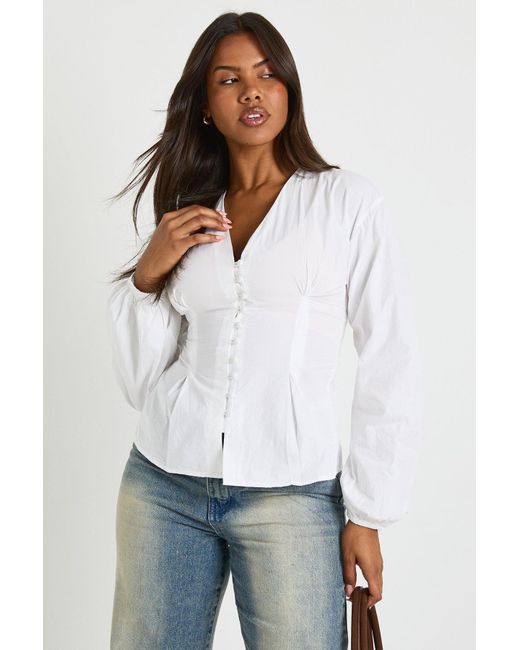Cotton Poplin Button Down Blouse Boohoo de color White