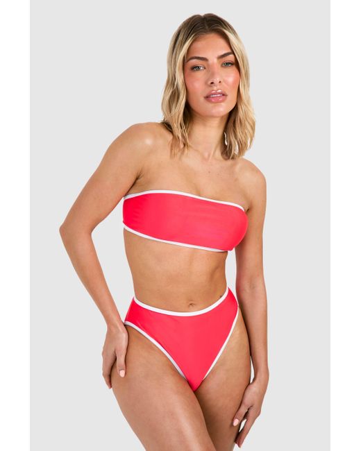 Boohoo Red Contrast Binding High Waisted Bikini Set