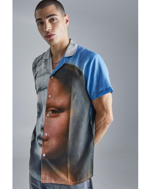BoohooMAN Blue Short Sleeve Spliced Painting Shirt for men