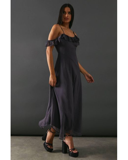 Warehouse Black Chiffon Asymmetric Hem Bias Ruffle Strappy Midaxi Dress