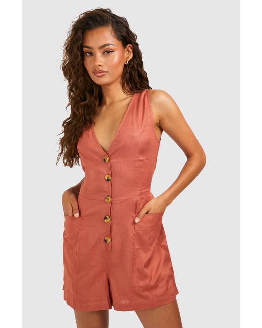 Boohoo Red Linen Look Button Front Romper