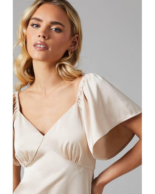 Oasis Natural Petite Angel Sleeve Satin Bridesmaid Midi Dress