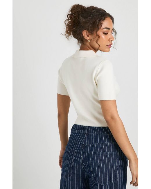 Boohoo White Compact Knit Zip Neck Short Sleeve Top