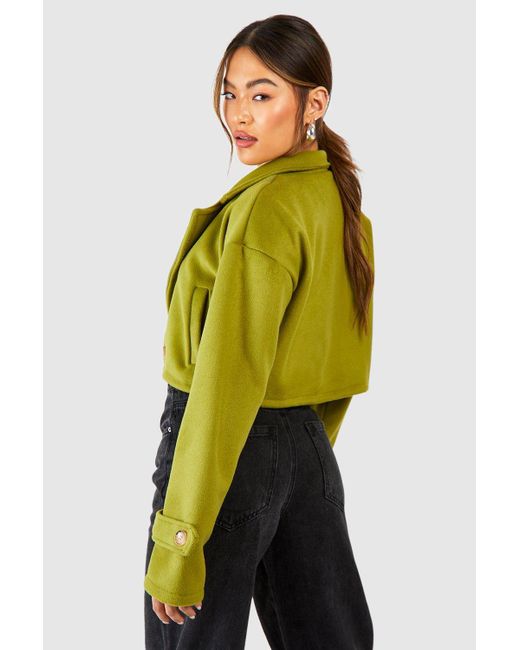 Boohoo Green Textured Wool Look Crop Trench Coat