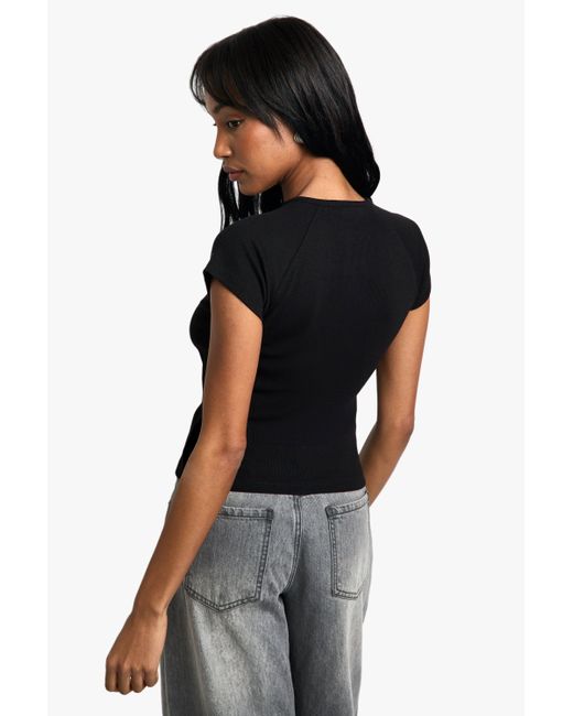 Boohoo Black Rib Button Through Cap Sleeve Top