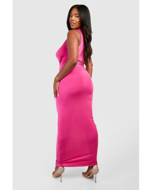 Boohoo Pink Plus Twisted Ring Detail Off The Shoulder Asymmetric Maxi Dress