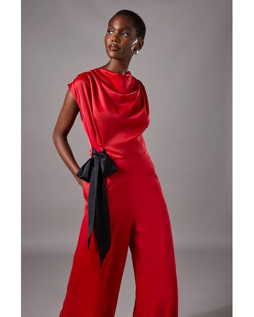 Coast Red Tie Side Satin Drape Wide Leg Jumpsuit