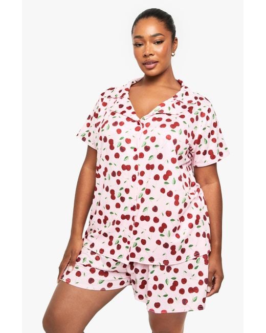 Boohoo Red Plus Cherry Print Short Sleeve & Short Pj Set