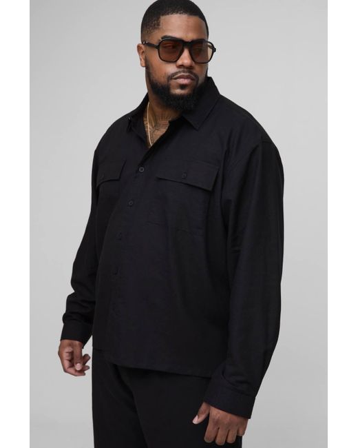Boohoo Blue Plus Long Sleeve Linen Look Cargo Pocket Oversized Overshirt