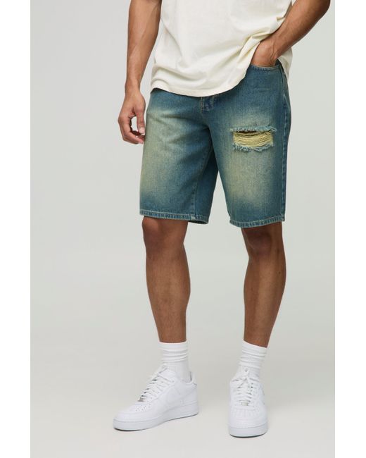 Boohoo Green Relaxed Fit Long Length Vintage Ripped Denim Shorts