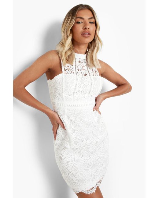 boutique lace racer neck bodycon dress
