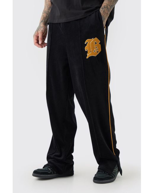BoohooMAN Black Tall Wide Fit Varsity Velour Joggers for men